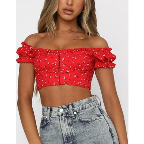 Summer Boho Casual Shirt Women Solid/Floral Printed Crop Tops Women Slash Neck Buckle Back Zipper Corset Tops Sexy Club Street