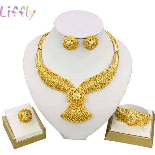 Liffly Bridal Dubai Jewelry Sets Gold Color Flower Necklaces Jewelry Fashion African Wedding Earrings Bracelets Rings Set
