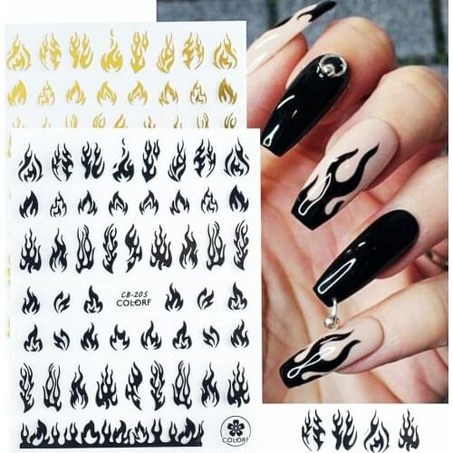 2021 New Holographics Nail Art Sticker Laser Foils White Black Gold Silver 3D Back Glue Strips Flame Butterfly Decal for Gel