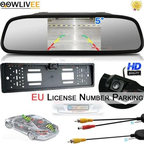 OOWLIVEE Universal European Plate Frame Number Camera Rearview Camaera with Car Monitor Mirror Wide Angle Vision Detector System