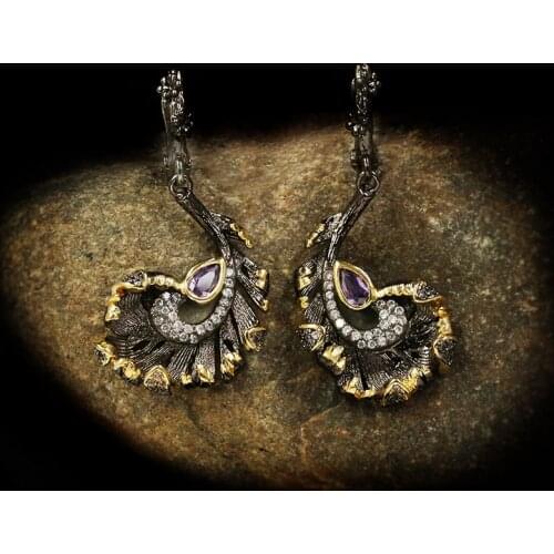 CIZEVA Original Design Creative Exaggerated Black Gold Filled Drop Earrings Womens Halloween Gifts Amethyst Dangle Earrings