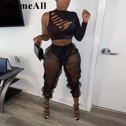 See Through Sheer Mesh Hollow Pants 2 Two Piece Sets One Shoulder Sexy Cut Out Crop tops T Shirt Transparent Tracksuit Outfits