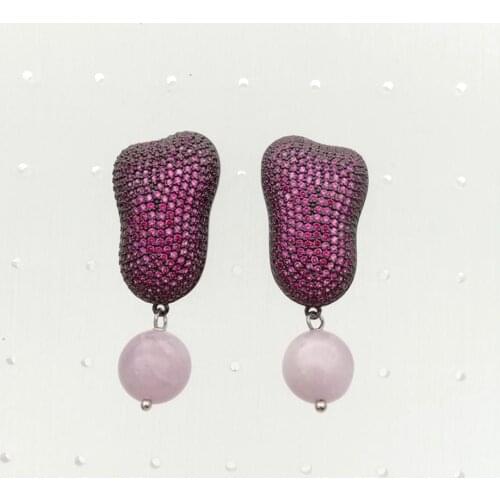 YYGEM Natural Kunzite Round Gunmetal Fuchsia Cz Micro Pave Stud Drop Earrings