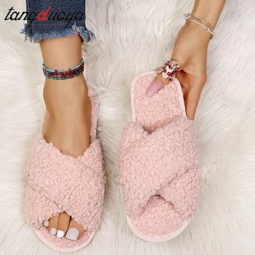 Winter Home Cozy Women Fur Slippers Faux Furry Cross Strap Flat Slip on Indoor Non Slip House Slides Ladies Shoes Female Whosale