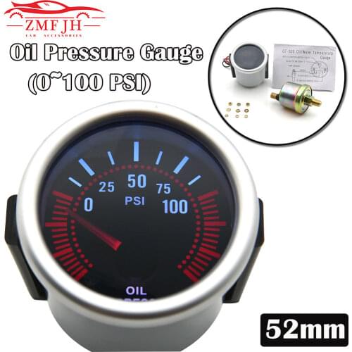 2" 52mm Universal 12V Car Auto Oil Pressure Gauge 0~100 PSI White LED Smoke Len Oil Press Meter with 1/8NPT Oil Pressure Sensor