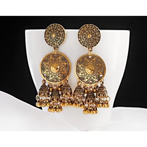 Vintage Afghan Bollywood Oxidized Indian Jhumka Earrings Women Bell Tassel Hollow Traingle Dangle Earrings Gypsy Egypt Jewelry