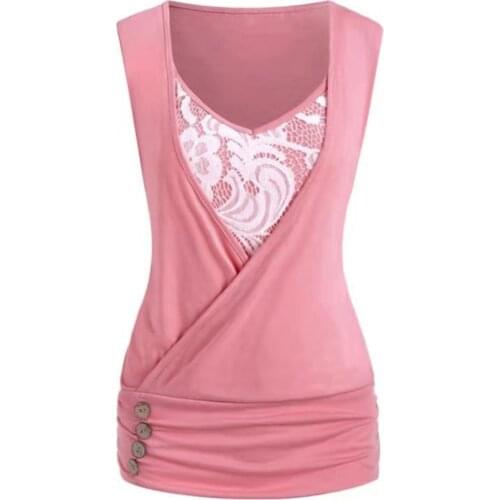 Fashion Women Lace Sleeveless Shirts Loose Sexy Solid Color Blusas V-neck Tops Female Harajuku Tee For Women Clothing Camisetas