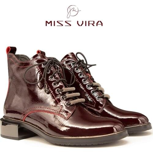 MISS VIRA Ankle Boots Women Genuine Cow Leather Booties Autumn Winter Boots Ladies Lace-Up Round Toe Shoes