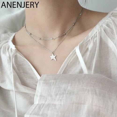 ANENJERY 925 Sterling Silver Micro Cubic Zirconia Star Necklaces For Women Double Beads Chain Personality Necklace S-N464