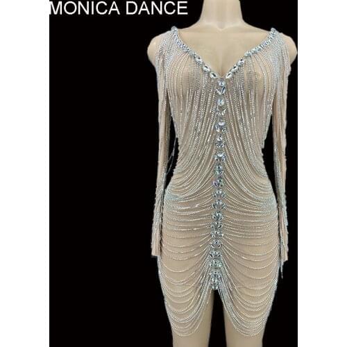 Women Sexy Stage New Style Long Sleeve Silver Rhinestone Chains Dress Evening Birthday Transparent Outfit Dancer Sexy Dress