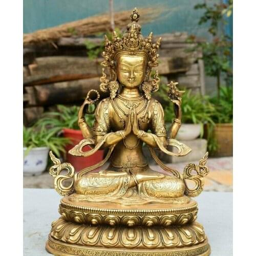 13" Tibetan Brass Buddhism 4 arms Chenrezig Buddha Avalokiteshvara Sculpture