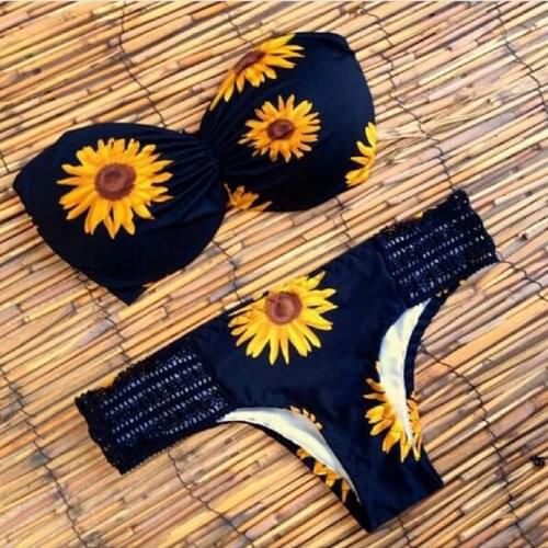 2018 Summer Sunflower printed bikini set sexy women padded Bandeau maillot de bain Swim Suit Female Brazilain beachwear Hot sell