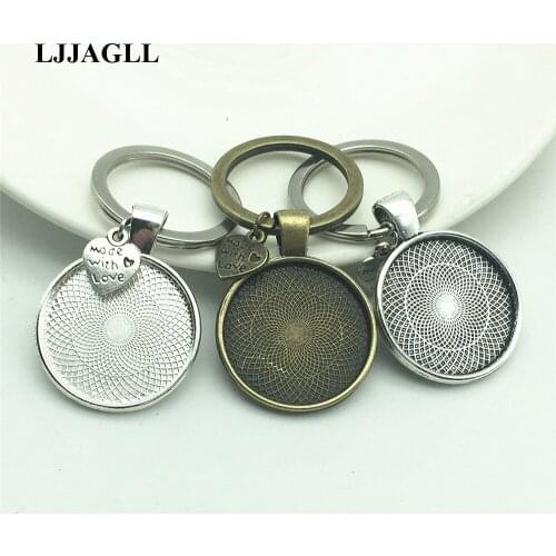 3pcs Metal Silver Plated Men Women Car Key Rings KeyChain Filligree Flower Fit round 25mm Cabochon Logo Pendant Diy Jewelry