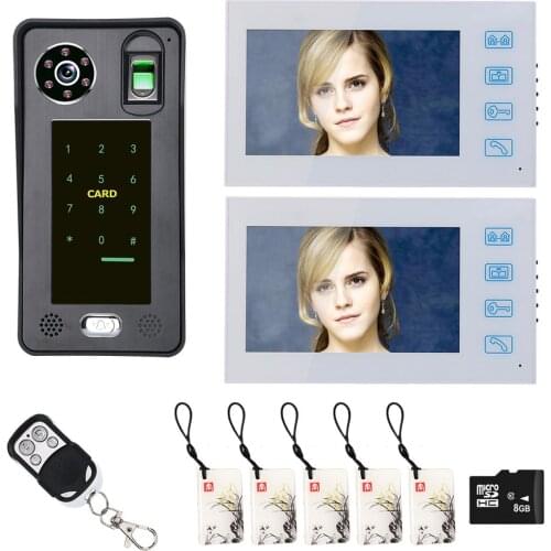 7 inch 2PCS Monitor Fingerprint RFIC Password Video Door Phone Kit Video Doorbell Intercom 1000TVL Camera include 8G Card Record