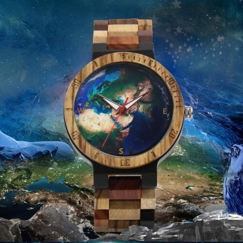 Creative Starry Sky/earth Pattern Mens Wooden Watch Reloj Hombre Clock Male hour Awe of Nature Full Wooden Band Quartz Watches