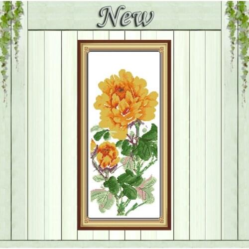 Yellow peony flowers decor leaves paintings Counted Printed on canvas DMC 11CT 14CT Cross Stitch kits Needlework Sets embroidery