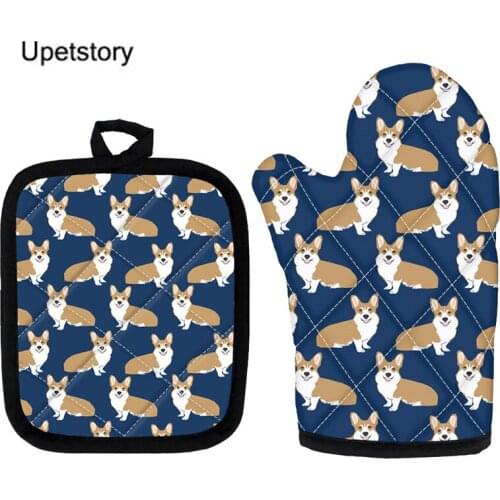 Insulation Kitchen Oven Mitts Corgi Dog 3D Print Cooking Insulation Gloves and Mats 2in1 Washable Golve for Baking Kitchen Tool