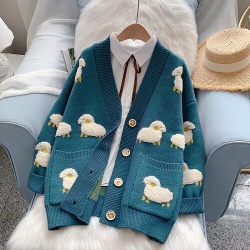 Japanese Preppy Style Autumn Winter Women Cardigan Blue Green Rose Red Thick Warm Lamb Sweater Cute Kawaii Loose Sheep Overcoat