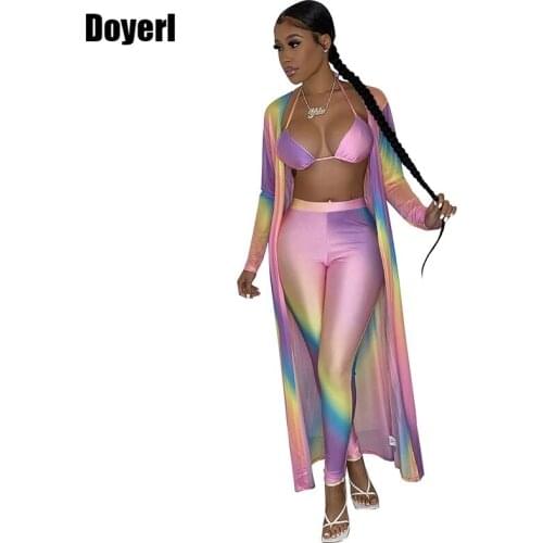 Tie Dye Sexy Three Piece Set Womens Outfit Fall Long Cardigan + Bra Top + Pants Set 3 Piece Club Outfits for Women Matching Sets