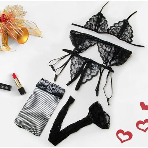 4Pcs Set Open Bra Panty Garters Net Stockings Women Teddies Lingerie Sexy Hot Erotic Bodysuits Lace Transparent Sexy Underwear