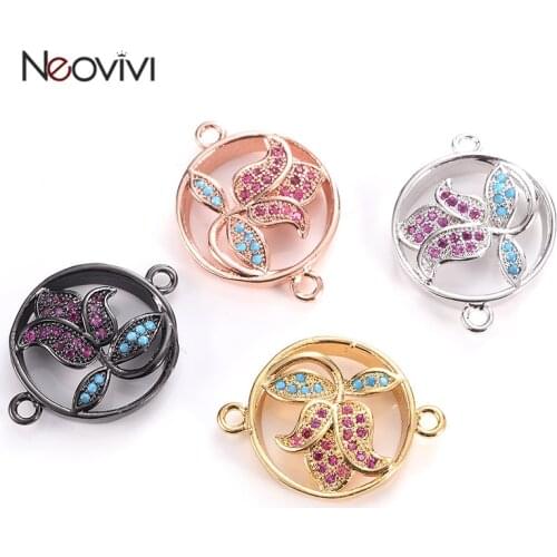 Neovivi Rose Flower Charms Pave Purple Blue Zircon Copper Round Charm for Bracelets Becklaces Jewelry Making DIY Accessories