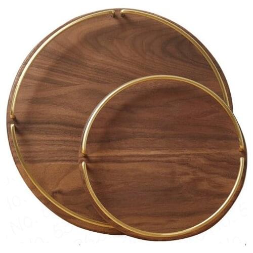 Nordic Brass Round storage plate solid wood table top dessert plate water fruit plate tea plate cup tray