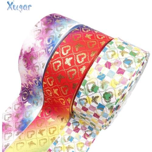 Xugar 75MM Bronzing Love Heart Ribbon Grosgrain Printed Ribbon For Spring Bow Making Gifts Packing Wrapping Handmade Accessories