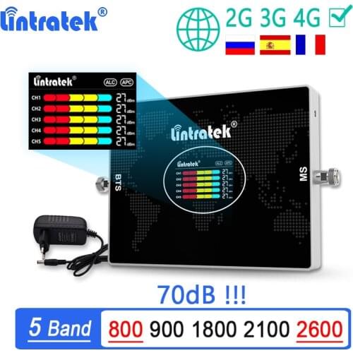Lintratek 5 Band Signal Booster 2G 3G 4G LTE B20 800 900 1800 2100 2600 B7 Cellular Signal Amplifier AGC Repeater GSM Europe
