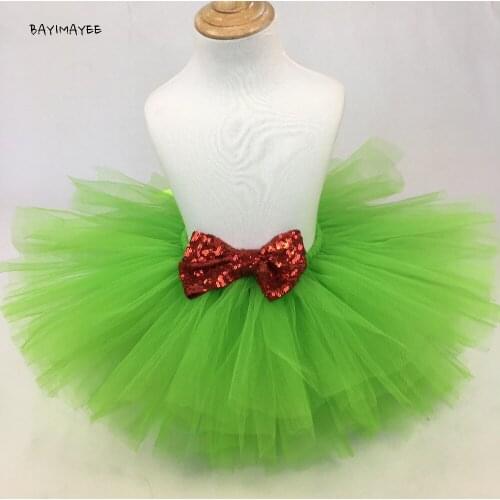 Cute Girls Green Tutu Skirt Baby Tulle Pettiskirts Ballet Tutus with Sequin Bow Kids Christmas Party Skirt Costume Underskirts