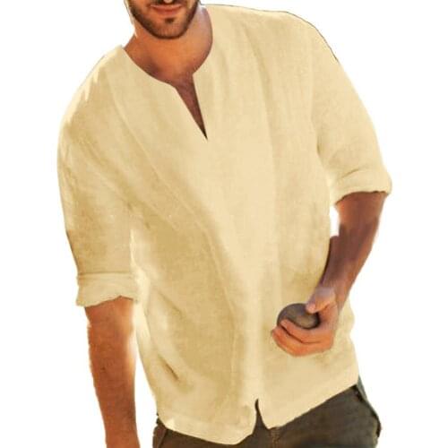 Fashion Men Tops Casual Long Sleeve V Neck Slitting Hem T-Shirt Cotton Linen Loose Blouse Top Mens Clothing 2021 Summer