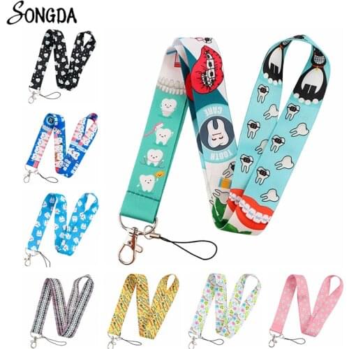 Cartoon Teeth Neck Straps Keychains Holder Dentist Doctor Nurse Ribbon Lanyard Key Rings Love Tooth Day Keycord Jewelry Gifts