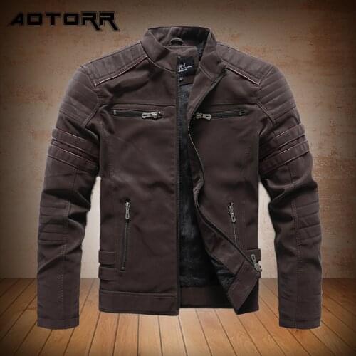 Autumn Winter New Leather Jacket Men Retro Motorcycle PU Jacket Warm Fleece Stand Collar Jacket Embroidery Mens Clothing