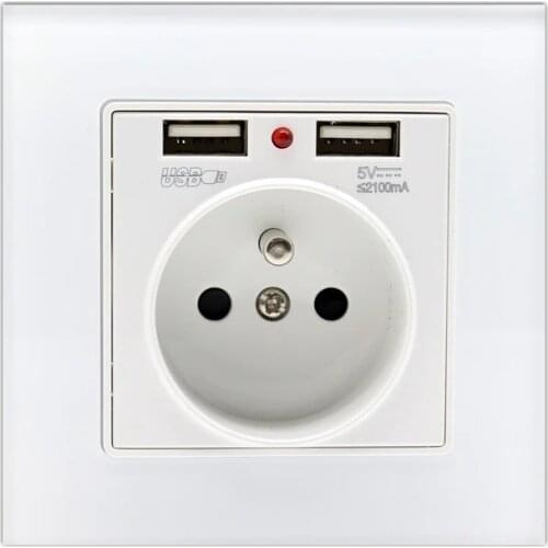 New Arrival 16A French Standard Wall Power Socket White Crystal Glass Panel Outlet 2.1A Dual USB Socket Charger Port for Mobile