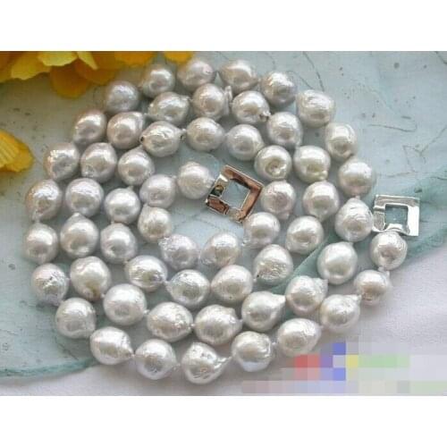 Charming 33" 13mm lustre white almost round keshi reborn PEARL NECKLACE 925 Silver Clasp
