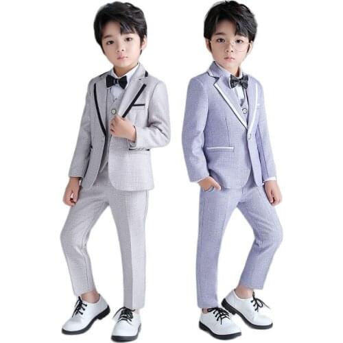 2021 Boys Formal Wedding Suit Gentleman Kids Jacket+Vest+Pants+Bowtie 4Pcs Clothing Set Childrens Day Performance Dress Costume