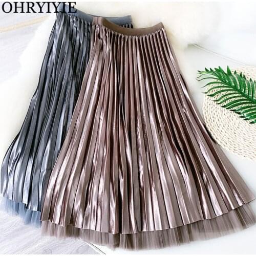 OHRYIYIE Autumn Winter Vintage Long Velvet Skirt Women High Waist Tulle Skirts Female Black Gray Khaki Midi Pleated Skirt Lady