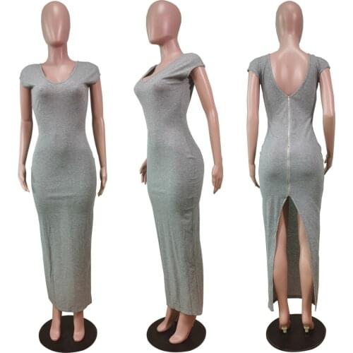 Women Summer Solid Color Pencil Dresses Patchwork Zipper V-Neck Backless Short Sleeve Slim Hips Long Dress For Woman Robe Femme