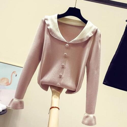 Spring Autumn Style Women Knitted Pullover Tops Lady Casual Peter Pan Collar Long Sleeve knitted Sweater Pullover ZZ1075