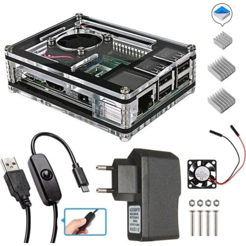 Raspberry Pi 3 B+9 Layers Acrylic Box Case with Cooling Fan + 3× Heat-Sinks 5V 2.5A Power Supply+Switch Cable for RPi 3 B+ 3B 2b