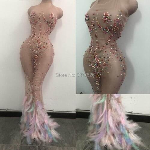 Sexy see through evening dresses colourful Pearl Feather Tail Transparent Long Dress nightclub women party costumes