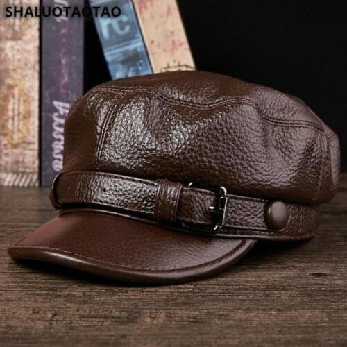 SHALUOTAOTAO Quality Genuine Leather Hat For Men Women Autumn Winter Thermal Cowhide Military Hats Elegant Brands Leisure Cap