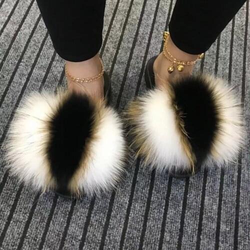 Summer Luxury Fluffy Plush Sandals Womens Colorful Fox Fur Slippers Female Beach Casual Flip Flops Ladies Raccoon Fur Slides