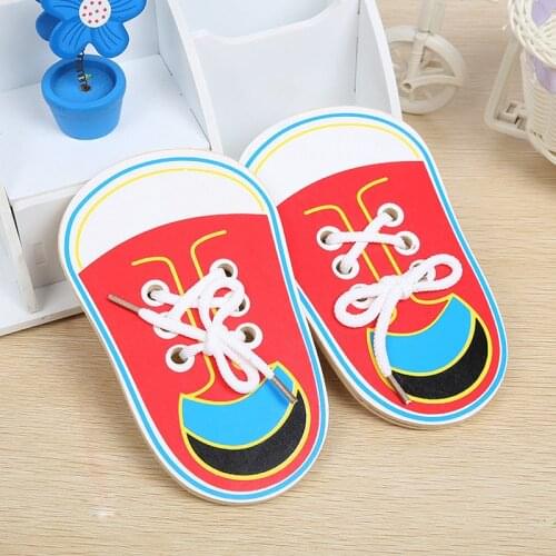 Kids Cute Wooden Shoes Clothes Puzzles Toys Children Montessori Early Learning Tie Shoelaces Puzzles Wood Beads Lacing Board