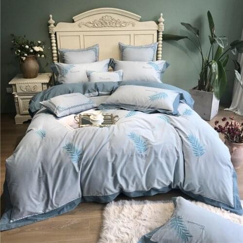 Blue luxury Sanding 100% cotton Printed Flower Plaid Bedding sets Queen King Wedding Duvet cover Bed sheet set Pillowcases 4pcs