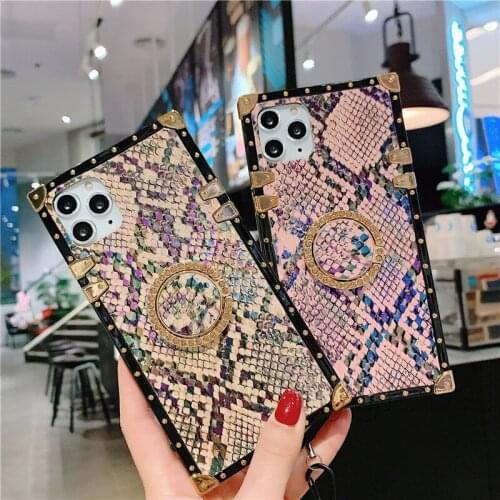 Uxury Animal Snake Skin Texture Square Phone Case For iphone 12Pro Max SE XS MAX 7 8 plus Vintage Ring Holder Soft Cover