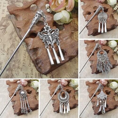 Chinese Ethnic Ancient Carved Hairpin 2020 Vintage Headwear Silver Color Tassel Women Hair Pins Ancient Bells Hairpin