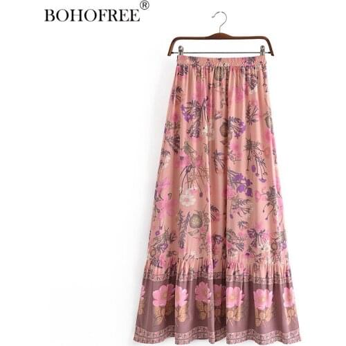 New Pink Floral Skirts Bohemian Vacation Botanical Fadal Women Ethnic Style Rayon Cotton A-line Skirts long skirts for women