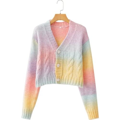 Women Sweater Autumn 2021 Rainbow Color V-Neck Full Sleeve Single Breasted Knitted Cardigan Winter Outwear Female Chic C2862