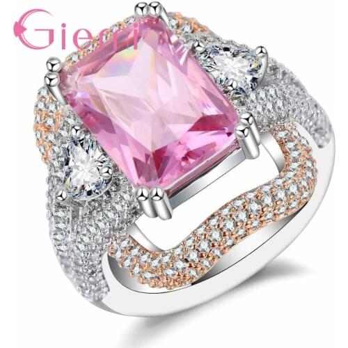 925 Sterling Silver Top Selling Cute Pink Square Stone Austrian Crystal Ring Engagement Wedding Ceremony Femme Jewelry