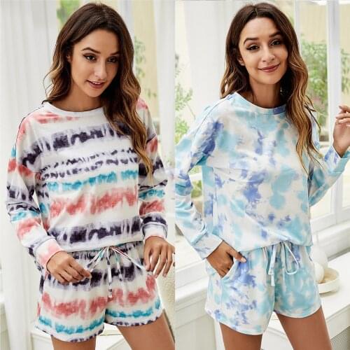 2021 Summer Style Classic Tie-dye Printing Womens Clothing Round Neck Pullover Long-sleeved Plus Size Home Wear Two-piece Women